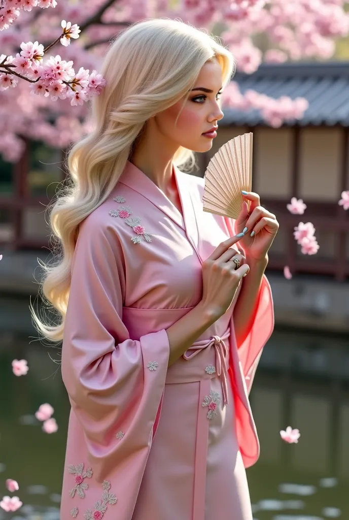 Generate a blonde woman with white skin and very long, silky, and voluminous hair, standing in a traditional Japanese garden during cherry blossom season. She wears a modern, silk kimono in soft pink with delicate floral embroidery, cinched at the waist to...