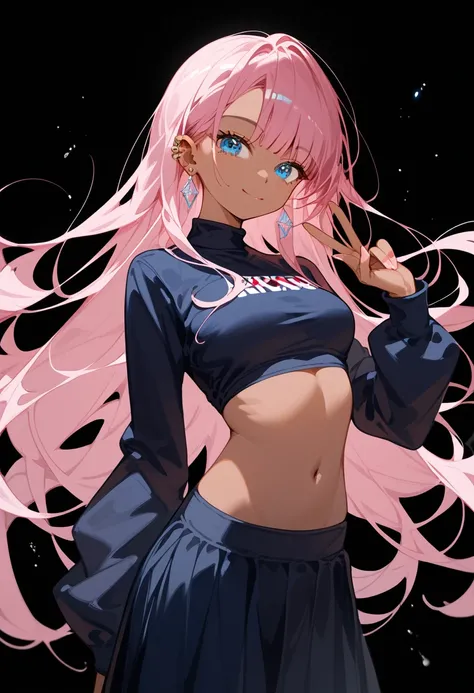 girl,Tanned, in blue eyes, Pink Hair, long hair, medium chest,Ear Piercing,slim,Flat stomach,girlเกล,เสื้อstudentสีดำ,student, Long Sleeve Shirt, long skirt,Long sleeve ,Anime,black background,