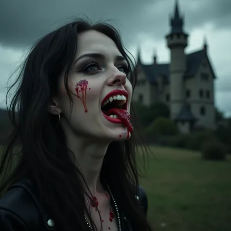 vampire girl , Beautiful ,  With big lips ,tries to bite his big teeth with his fangs , in the background, a gothic castle on it is a garagouli, blood flows through her teeth , cloudy sky with black clouds