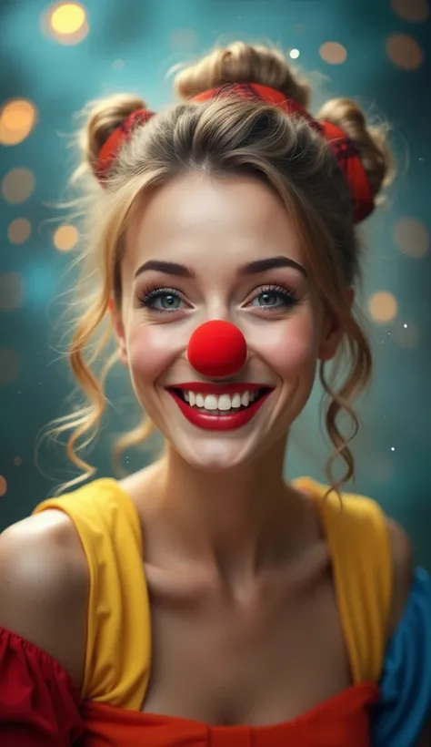 An attractive woman with a playful expression, wearing a classic red clown nose, exuding the charm of a comedian. Her eyes sparkle with humor and wit, while her mouth curves into a wide, cheeky grin. She’s dressed in a quirky, colorful outfit that blends e...