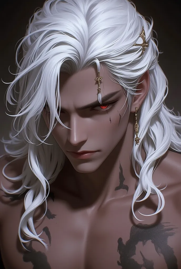 slightly dark skin. shoulder-length white hair in several curls. Some of the curls are braided into small pigtails and decorated with gold ornaments. With a haughty look. Muscular body and scars on body and face. The pupils are red.