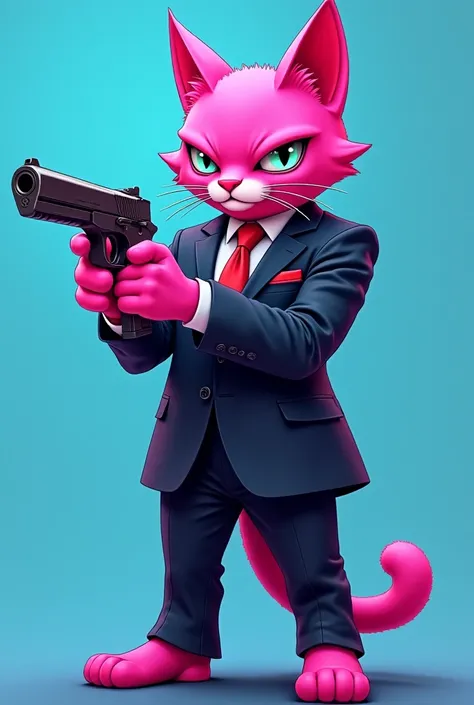 Pink cat holding a gun, wearing a killer suit, written as pawz on a cool background 