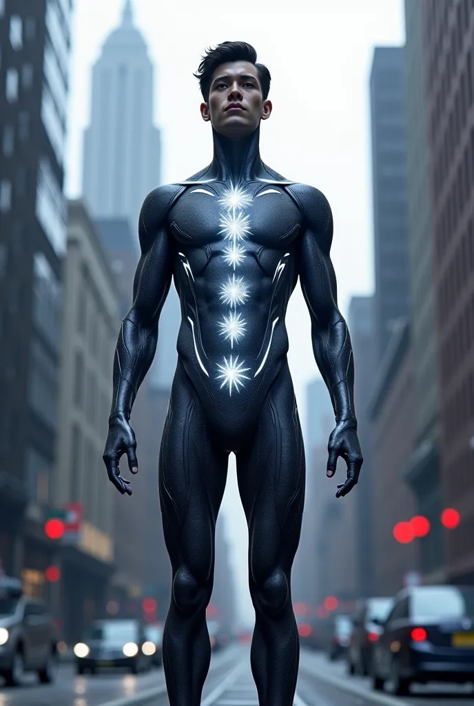 Create a unisex Manhattan superhero-style human body showing the 7 silver-colored chakras on the body 