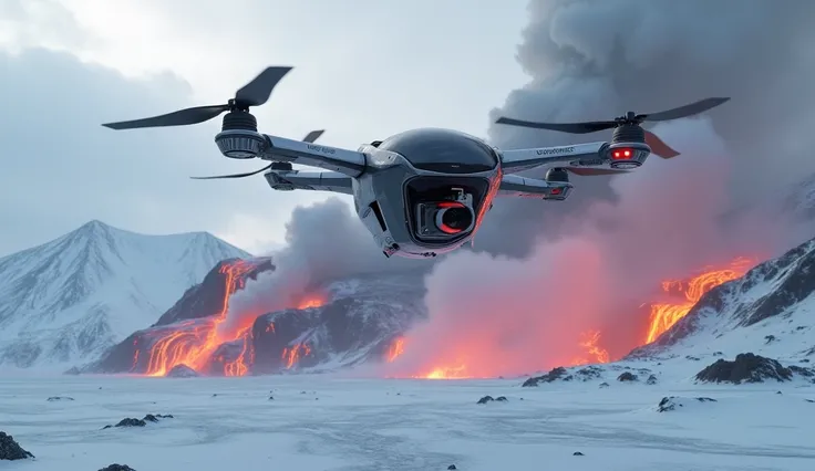 "A futuristic drone flying over an active Antarctic volcano, capturing lava flows against the frozen terrain."