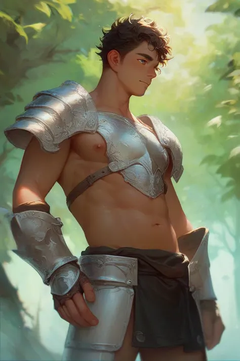 Young, Japanese-Man, 1boy, |||, well detailed, male focus, lean-chubby male, solo, golden-brown skin, Long and Messy Hair, face is not visible from the hair's shadow, light leather-armor, humble clothing. Forest background