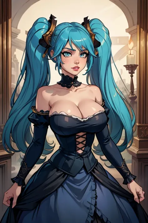 masterpiece, best quality, 1girl, Sona \(league of legends\), blue hair, blue eyes, gradient hair, collarbone, twintails, hair ornament, long hair, breasts, baroque dress, wearing a detailed steampunk dress, elegant gothic princess, victorian gothic lolita...