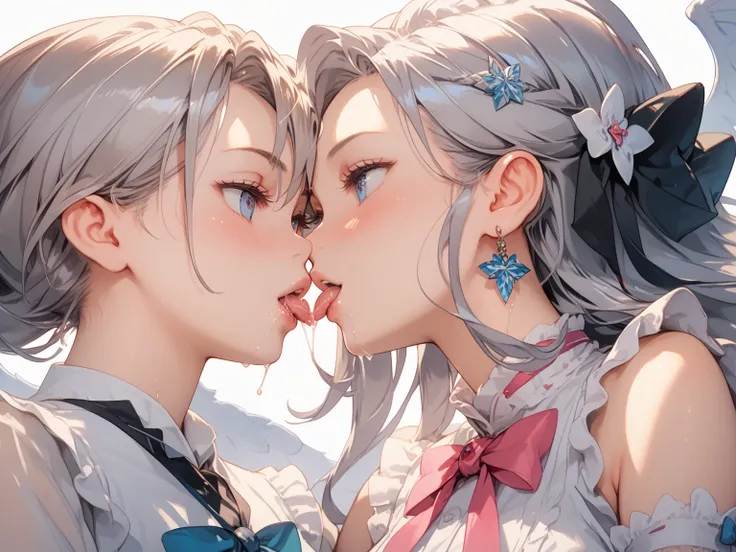 best image quality　1920 × 1080 Image Quality　Anime Super　low angle　Two girls around the age of 16 are kissing with their lips on top of each other　A little saliva　 feels　garter stockings　 no panties　乳首のbest image quality　 uncensored　 Silver Hair　Caress you...