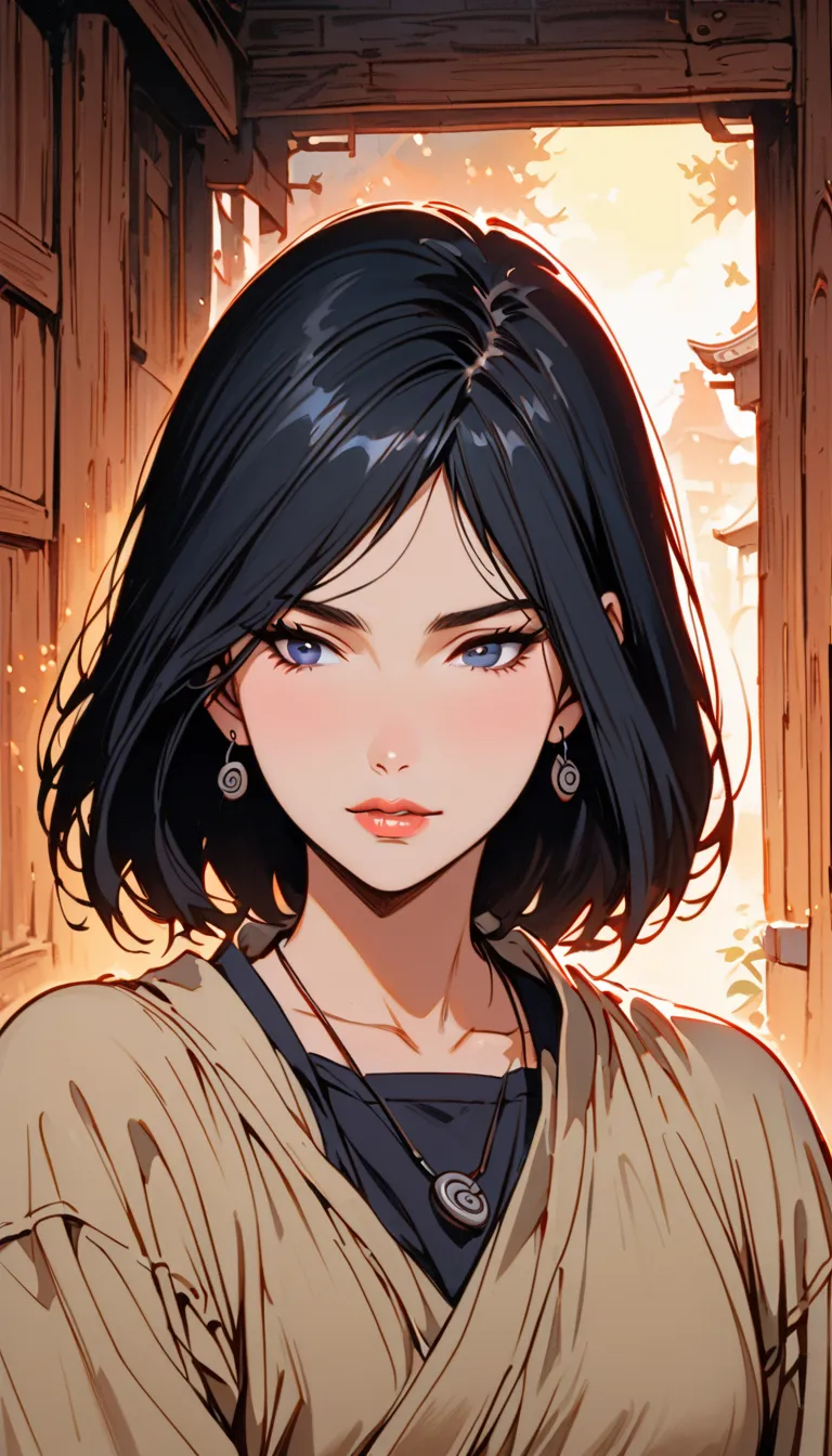 vintage movie, girl, short hair, navy hair, straight hair, woman body, cute necklace, cute earrings, ((dressed like hyuuga neji from naruto))
, hyuga clan, shinobi village, konohagakure, (((perfect lips))), perfect hair, looking down, shy, melancholic, ((y...