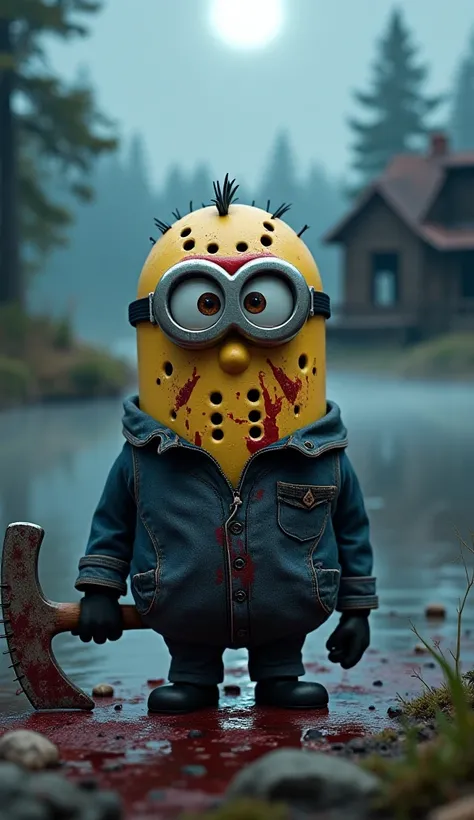 A Minion dressed as Jason Voorhees from Friday the 13th, wearing a weathered hockey mask with cracks and blood splatters. His small yellow hands grip a rusty machete, and his outfit consists of a tattered, bloodstained jacket and dark pants. The background...