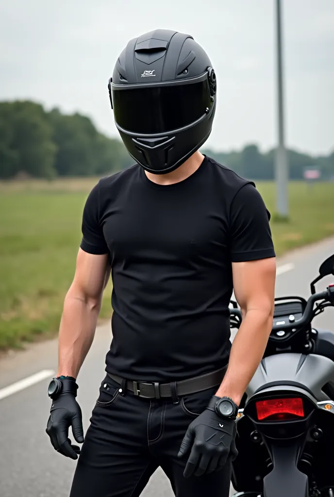  Paren,  Tall (189 cm ), 28 years old. He's wearing a biker helmet and his face is hidden. He's wearing a black t-shirt but naked abs, black jeans, with a cheeky, mocking look. He's standing next to his bike.