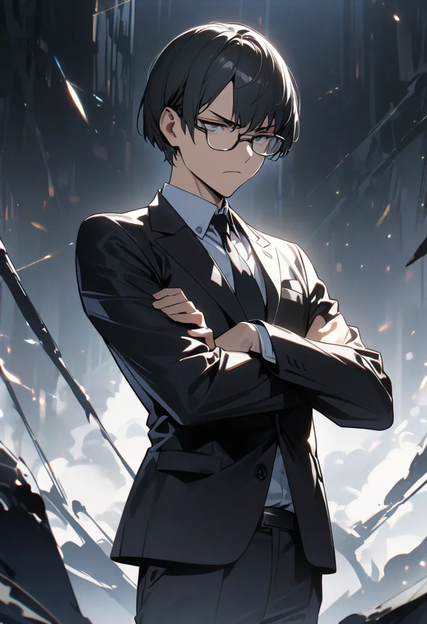 ultra high definition, High Resolution, High Resolution, Highest quality,  handsome　illustrations,  male　Glasses,　 expressionless, white background,  black suit, put on glasses, A man who seems serious, Stand with good posture, bob cut, short hair, Glaring...