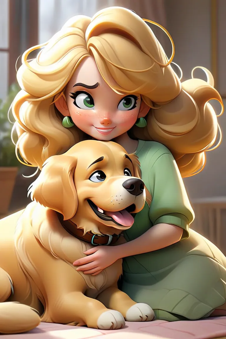 Create a digital illustration for me of a blonde girl with medium curly hair , green eyes,  A bit of a chubby girl hugging her Golden dog in Cartoon style and that she is cute and with a marked line