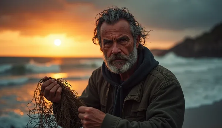 "A rugged man with weathered features, deep-set eyes, and a furrowed brow standing on a stormy shore at sunset, gripping a fishing net with calloused hands, detailed facial lines showing grit and determination, waves crashing behind him, golden light pierc...