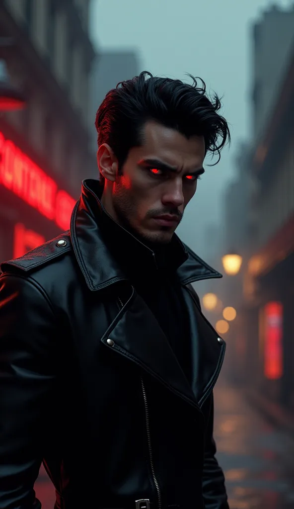  A tall man in his 30s,  beautiful, Seductive and mysterious,  a man who has red eyes  , black hair and elegant haircut , very masculine appearance .  In a dark and cloudy environment .  with a black leather jacket . And a red and mysterious aura terrifies...