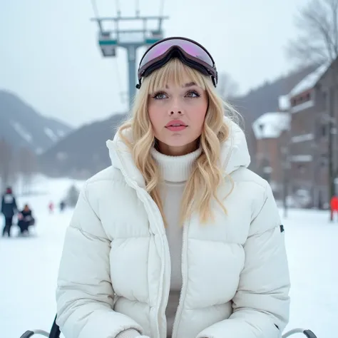   Blonde hair with a mix of brown, fringe at eyelash length , eyes,  brown , big eyelashes, Thin face, thin eyebrow, Full lips,  tabby body, medium and round breasts,  white leggings,  White blouse, long padded white jacket with hood on the head,  on a sno...