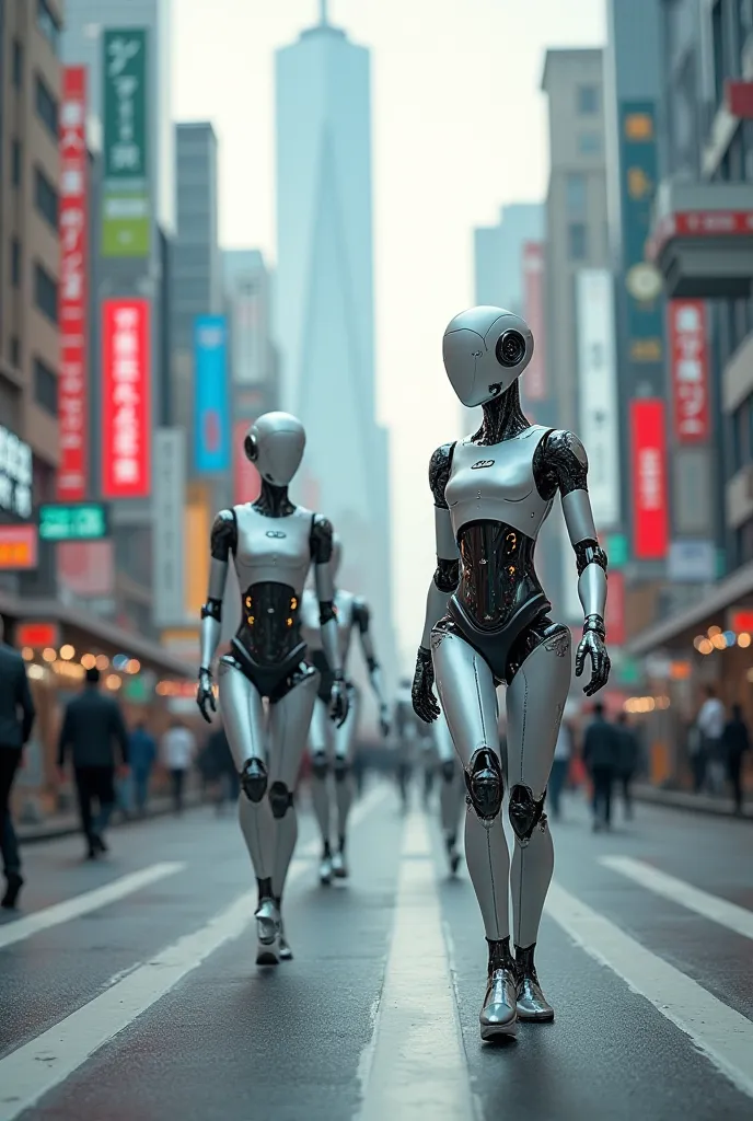 Ai Robot's walking on the street high resolution 