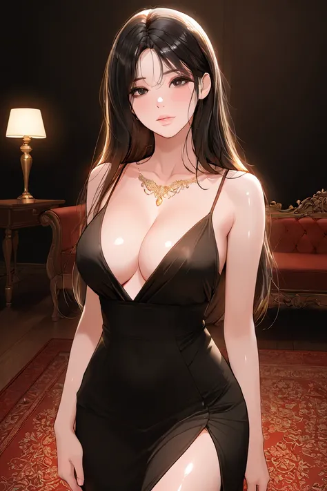 anime highly detailed A woman standing in a luxurious clothing boutique, wearing a seductive black spaghetti strap dress. The dress hugs her curves beautifully, exuding confidence and allure. The boutique is elegantly decorated with golden accents, plush c...