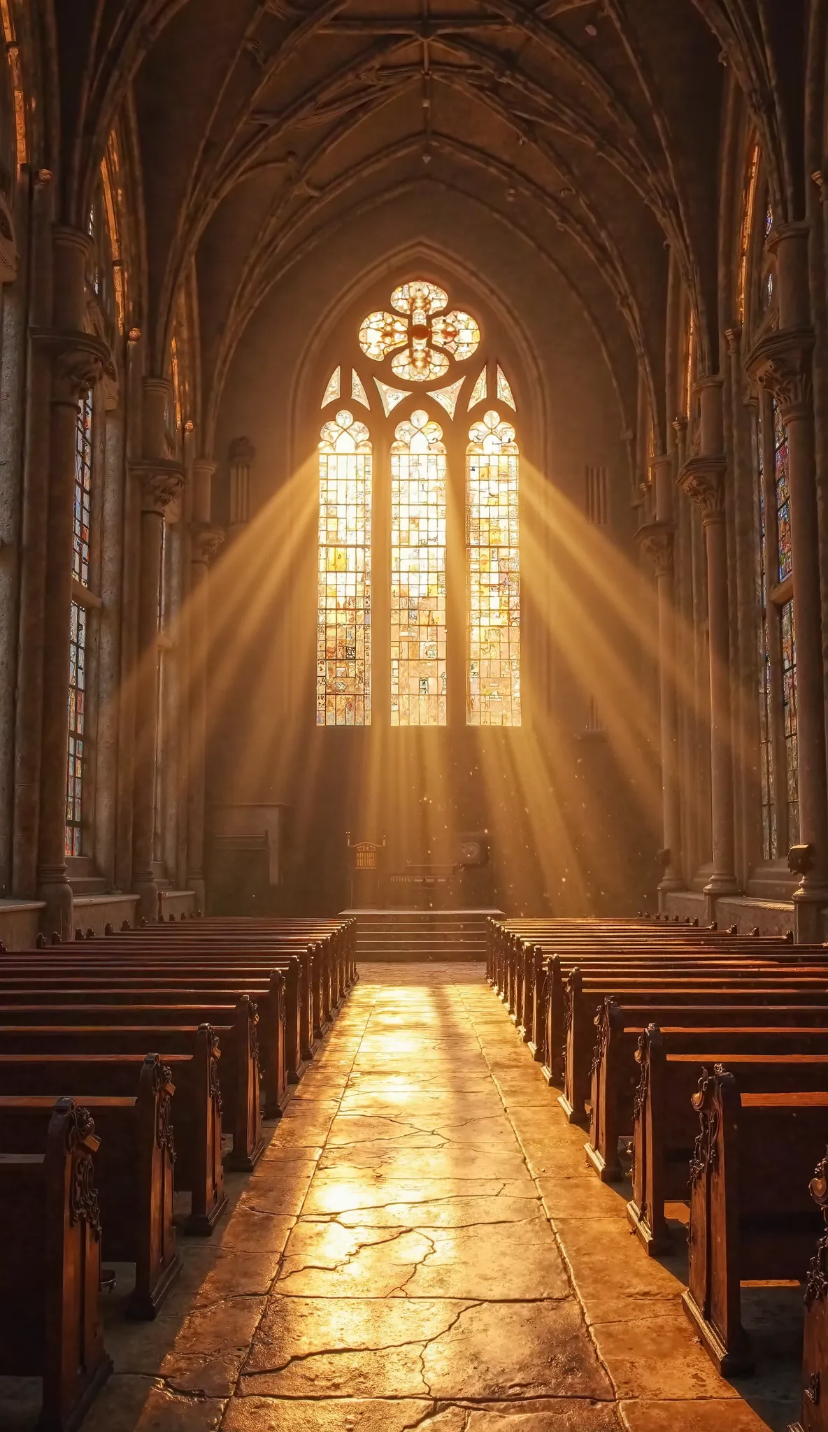 Use write colours and create an ultra HD 4K Quality realistic cinematic style"An empty ancient beautiful church with golden sunlight streaming through tall stained-glass windows, creating a sacred and peaceful atmosphere."