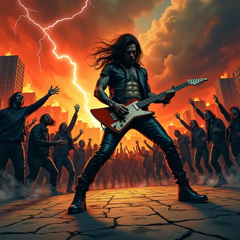 An aggressive, high-energy thrash metal album cover showing a leather-clad, tattooed figure shredding an electric guitar amidst a chaotic mosh pit of shadowy, screaming silhouettes. The background is a fiery urban wasteland with burning buildings and crack...