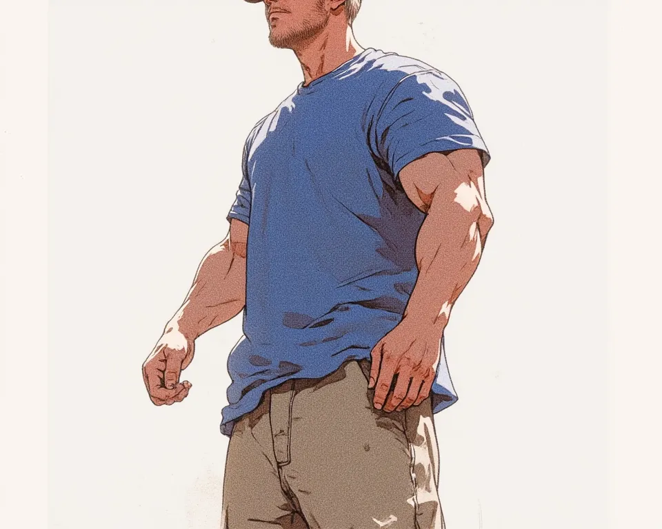 Muscular man Very very high too high is too high  in blue t-shirt and long shorts with work boots and brown shoes With short socks With baseball cap Loose fit t-shirt Loose T-shirt Loose T-shirt Knee-length shorts Full body Full body Full body Full body Fu...