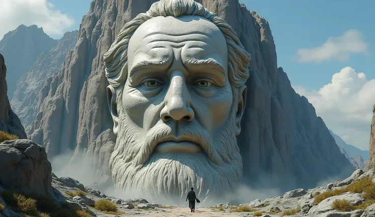 21. A massive stone face of a Stoic philosopher carved into a mountainside, symbolizing unwavering mental fortitude – epic scale, grand composition.
