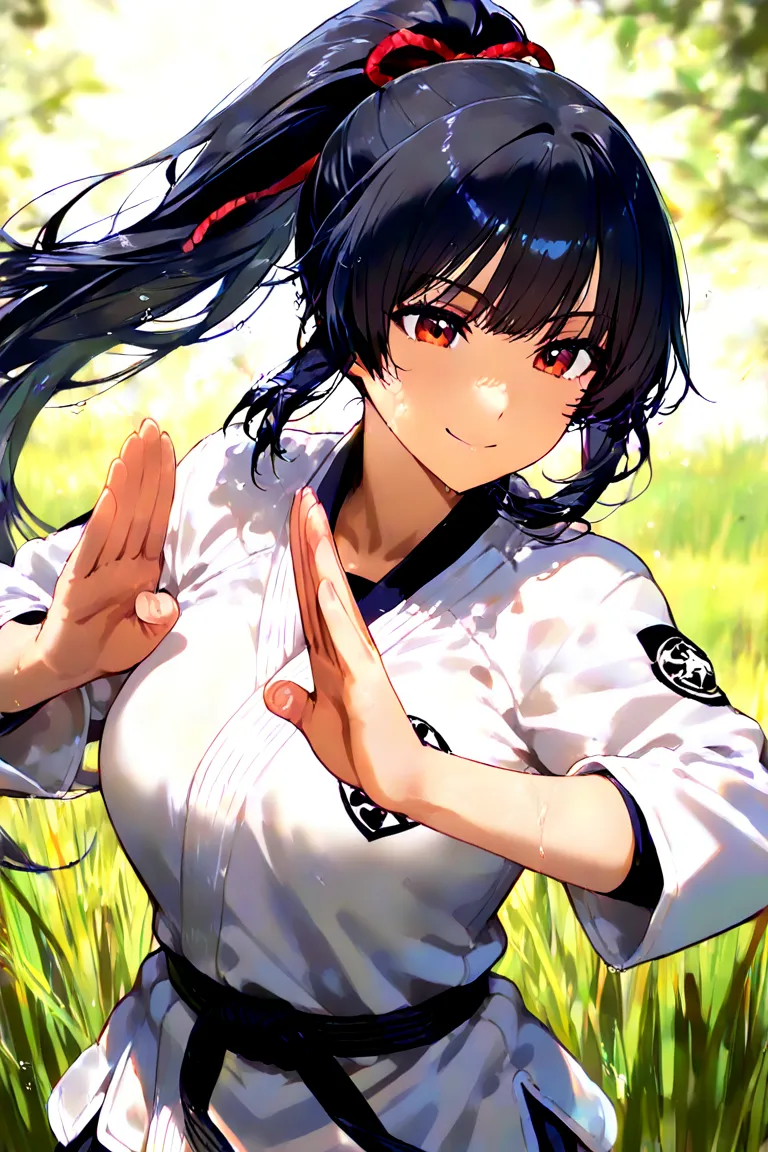 A woman with black hair, long ponytail hair, Asian eyes, big breasts, visible cleavage, a black belt, and a pure white karate suit、She jumped out of the grass with a smile and is in a karate position。