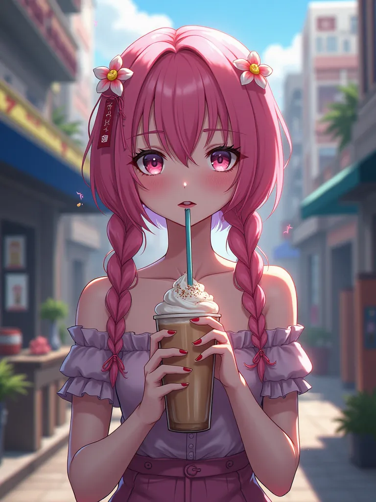 Anime  18 years sexy girl with pink hair with flowers,Twin Braids , drink milkshake , zombie apocalyps, anime style