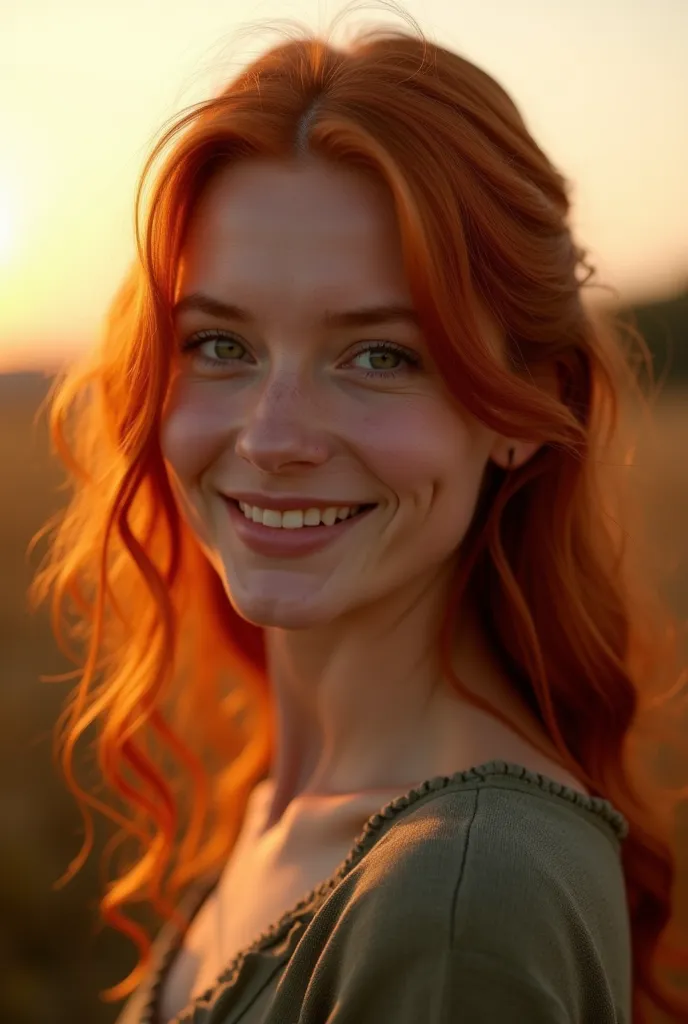 create a profile image The image captures Aurora in a moment of serene introspection. Her red hair falls in soft waves over her shoulders, illuminated by the golden rays of sunset. Your eyes, of a deep green tone, seems to hold stories and mysteries, refle...