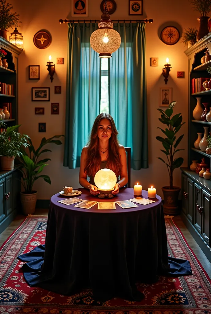 "Create a fortune teller sitting next to the table, she is looking straight ahead as if speaking to me. She is in an esoteric and cozy fortune teller room, with a moderately sized space adorned with intricate Persian rugs covering the floor. The walls are ...