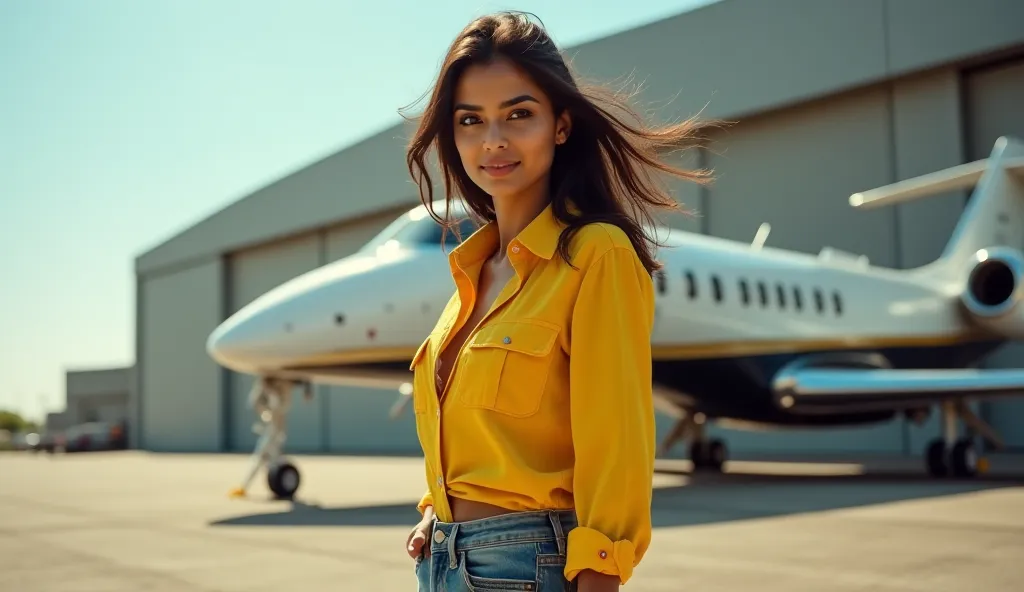 **Scene Breakdown:**  

- **Location:** Private airport hangar, massive private jet in the background.  
- **Character:** Young indian girl, exuding confidence, wearing a sexy yellow shirt (buttons slightly open) and short denim jeans.  
- **Camera Shots:*...