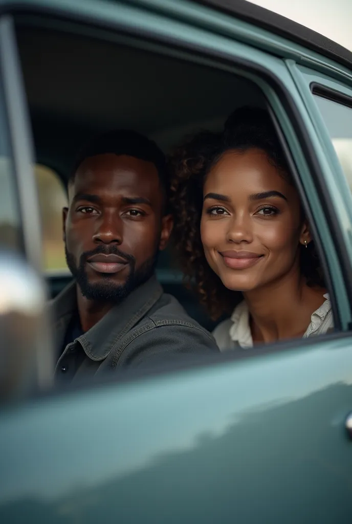 Creates an image of a couple inside a car, the two with dark skin, the black-haired man is very short and not very bald and the woman with curly hair on her shoulder, with the image showing the car from afar, and showing the couple's face in the window 