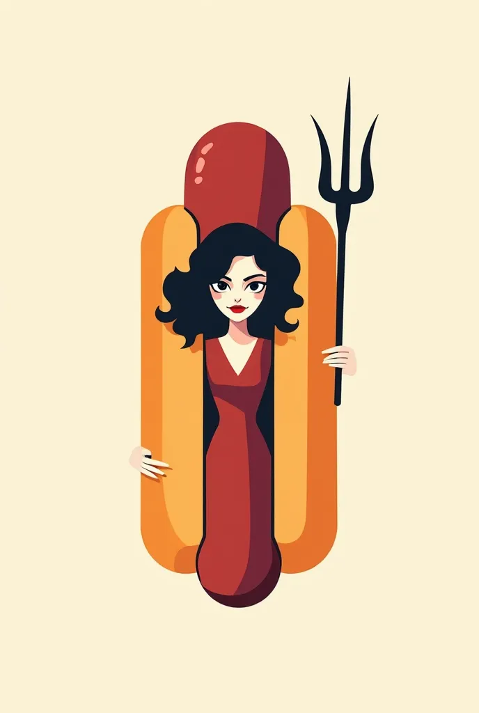 Create a minimalist logo of a hot dog with an evil female face that has curls and tails and is holding a trident 