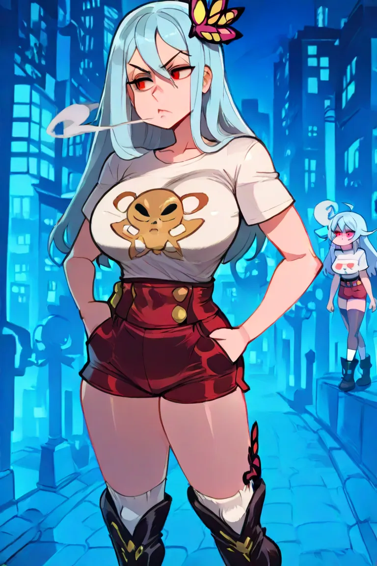 (High quality), (masterpiece), 1 woman, bothers, Smoke coming out of the head, thinking, mouth shut, raising an eyebrow,  Looking Forward, hair between the eyes, big breasts,  thin waist,  Light Blue Hair,  long hair,  red eyes , butterfly hair brooch ,   ...