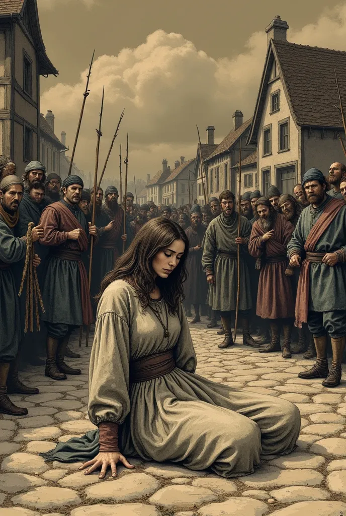 Medieval scene, a woman in torn, simple clothing cowering in fear on the ground in a dark, gloomy town square, surrounded by an angry mob of villagers holding weapons (pitchforks, sticks, or torches), some shouting or pointing at her, a menacing executione...