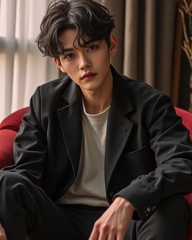 arafed male model sitting in a sofá with a black jacket, realism, handsome japanese demon boy, beautiful androgynous prince, male ulzzang, delicate androgynous prince, Park Jimin, handsome guy in demon slayer art, handsome anime pose, south korean male, Ji...