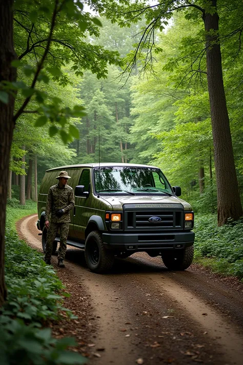 A photo of a passenger conversion E 150 Ford van with camouflage. The van is parked on a dirt road, surrounded by dense forest. There's a man wearing a camouflage outfit standing near the van. The background is filled with trees.