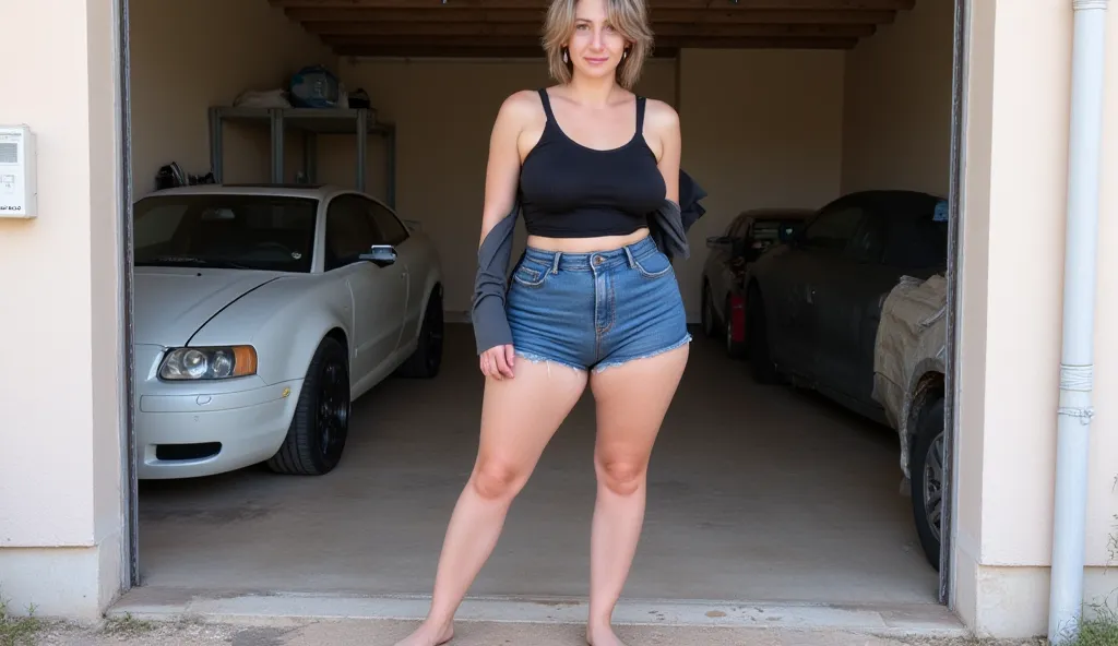 Mature woman, seventy years old, short gray hair, large breasts, thin waist, flat belly, slim, very wide hips, large buttocks, wearing SHORT JEANS AND A BLACK BLouse, INSIDE THE GARAGE, the character is facing the camera, bare feet on the ground, a full-bo...