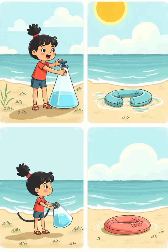 1.	Frame 1: Inflating the Float in the Morning
	•	Illustration: A student pumps air into an inflatable float at the beach in the early morning.
	•	Caption: “I just inflated my float! It feels firm but not too tight.”
	2.	Frame 2: Leaving It Under the Sun
	...