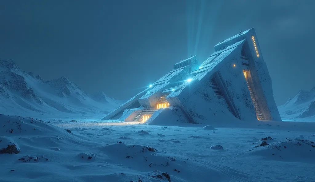 "A hidden, futuristic research base in Antarctica, glowing with lights under the icy night sky."
