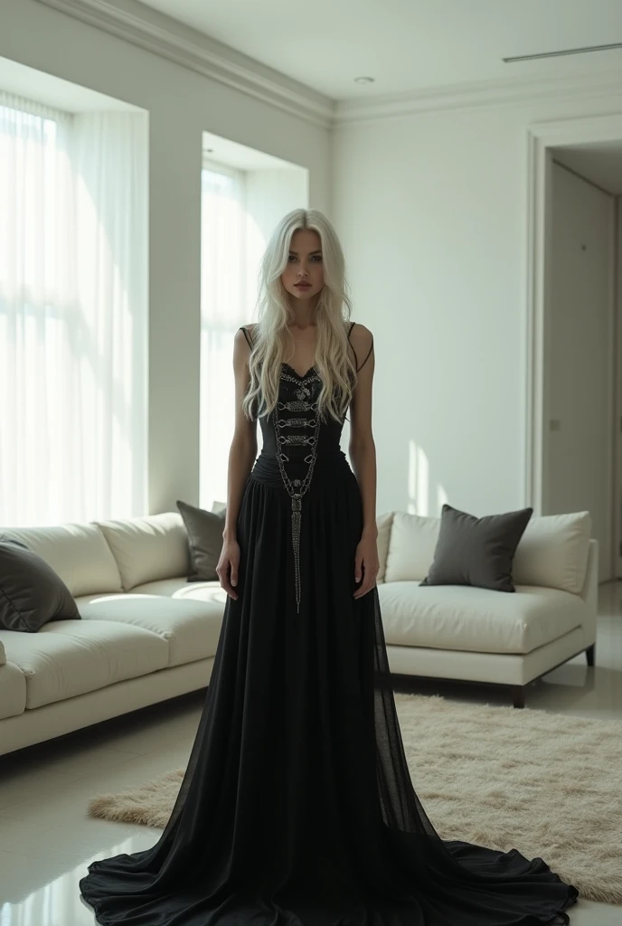 A Brazilian woman in a white-walled living room, with long platinum hair wearing gothic clothes 