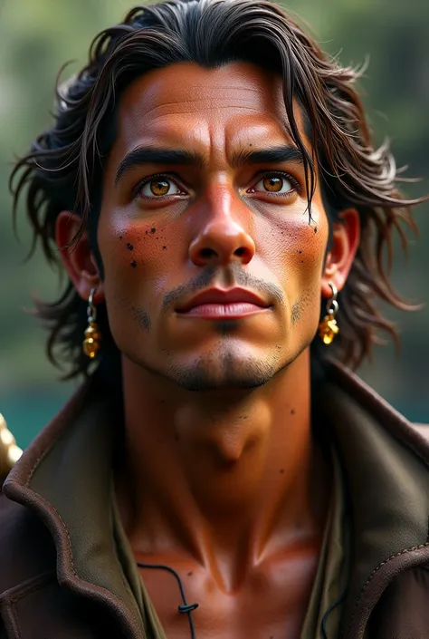 Guy around 23 yo looking youthful. Long oilly brown hair, uplifted light brown eyes. Tanned skin with sun spots on his cheeks. Looking like a pirate. Golden ring on his left lobe 