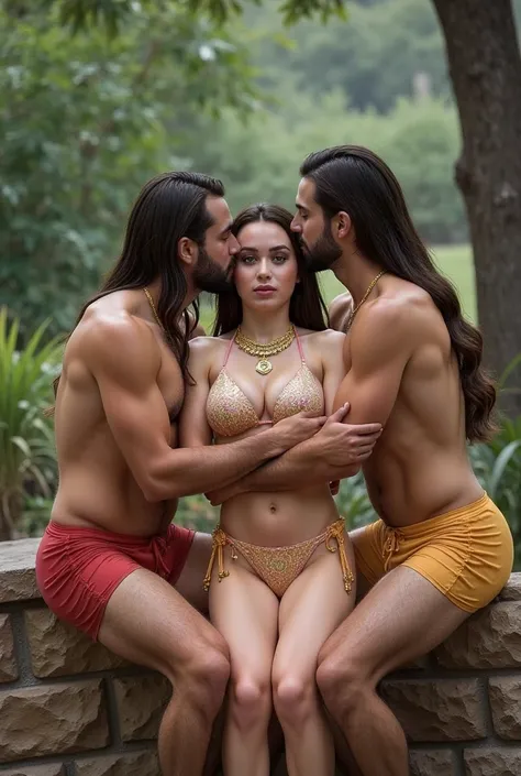 Four aged muslim men and king Ravan hugging and kissing  durga maa wearing sexy transpat micro bikini, thick thighs big big hips , showing naked thighs and buttock. She is wearing sindur and carrying trisul and sitting on her knees. Lord brahma , lord vish...