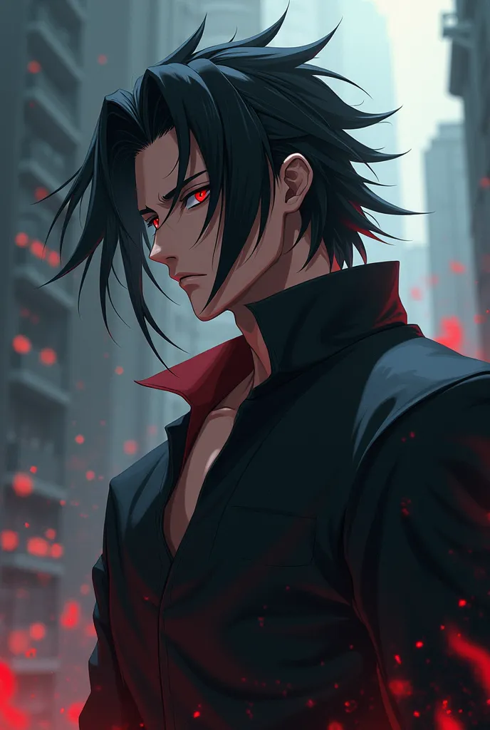 An anime-style image of a tall, strong black-haired man with medium-long red details looking to the side 