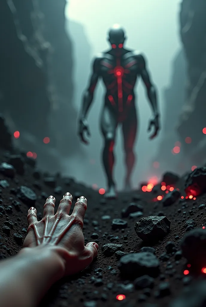 Ultra-realistic first-person POV (trembling hands visible) – You crawl across the scorched, blackened ground of hell, your broken nails digging into the charred stone as his presence takes form. The space ahead fractures—reality itself bleeds and warps aro...