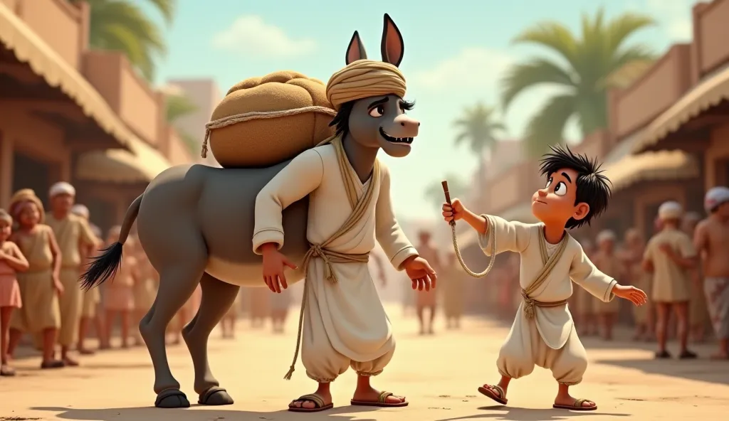 The father( Wears a white kurta with a dhoti, a cotton turban, and leather sandals or barefoot. He has a thick mustache, a slim but strong build, and carries a wooden walking stick and a cloth bag.)and son struggling to lift the donkey onto their shoulders...