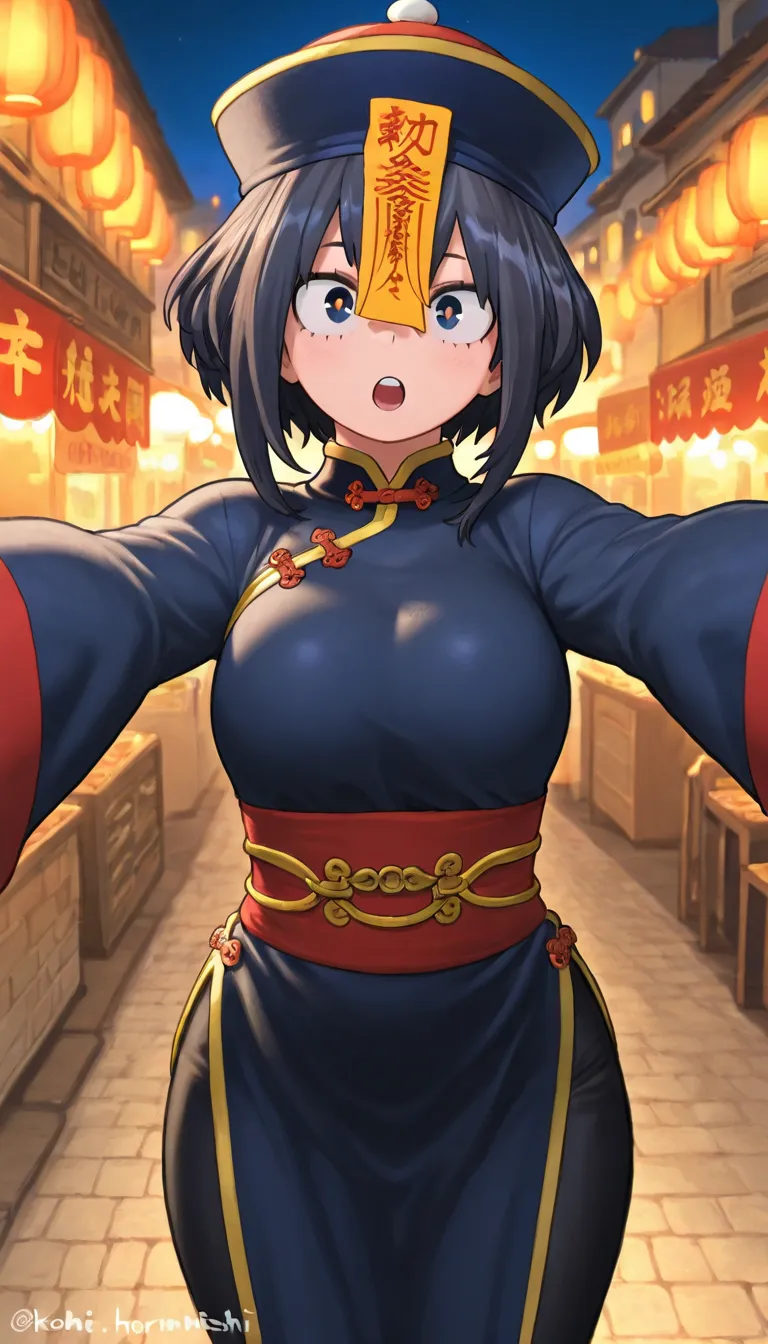 masterpiece, best quality, good quality, newest, 1girl, jiangshi, in Chinese town, night, My Hero Academia style, Kohei Horikoshi