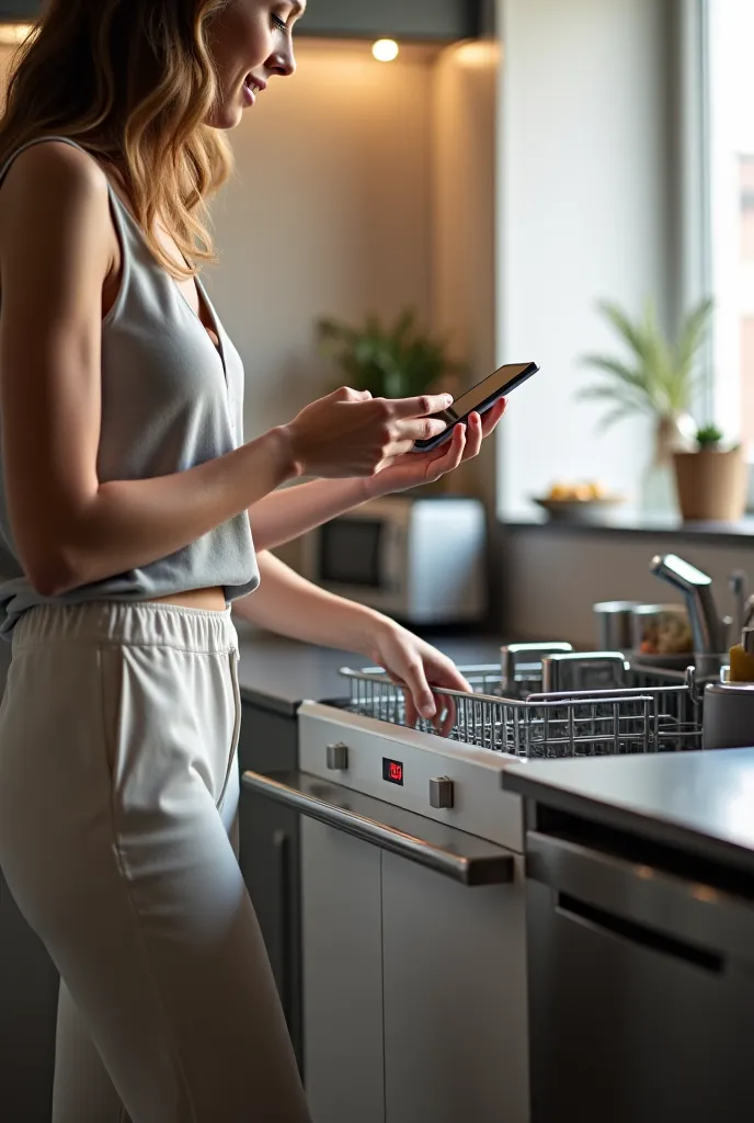 Person uses cell phone, and dishwasher 
