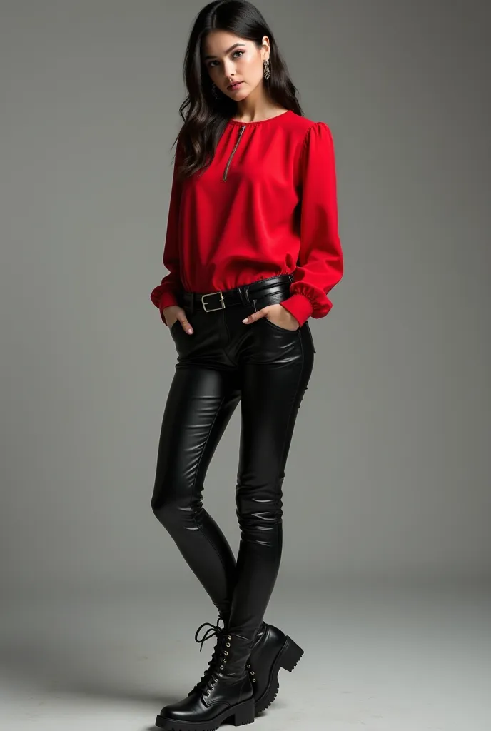 Create another women's outfit with black leather pants, black knee-length combat boots and a basic red long sleeve round neck blouse