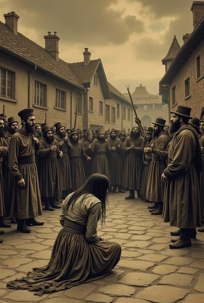 Medieval scene, a woman in torn, simple clothing cowering in fear on the ground in a dark, gloomy town square, surrounded by an angry mob of villagers holding weapons (pitchforks, sticks, or torches), some shouting or pointing at her, a menacing executione...