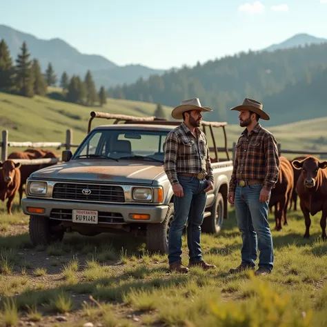 A corral with cows and a Hilux 4x4 and two cowboys 